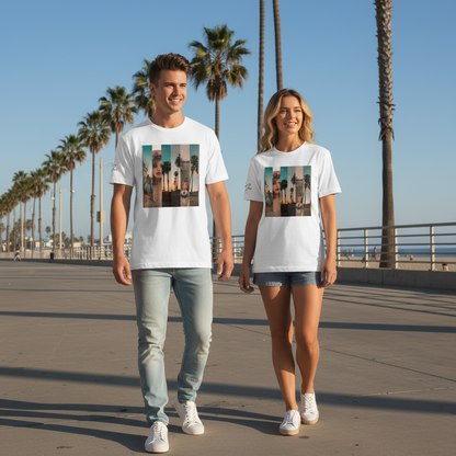 Weiße baumwoll t-shirts mit farbigem vintage grafikdruck von frau und palmen la sentimental heavyweight streetwear basic