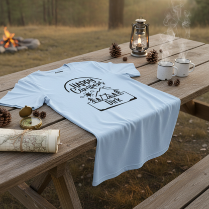Leichtblaues Baumwoll t-shirt mit schwarzem happy campers dirk grafikdesign und campingszene personalisiert mit familiennamen