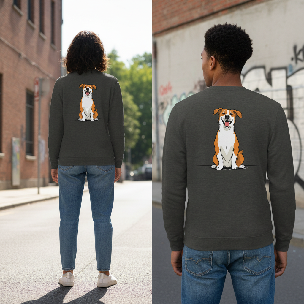 Dunkelgrauer langärmliger vintage comic pullover mit cartoonillustration eines lächelnden orange weißen hundes auf der rückseite