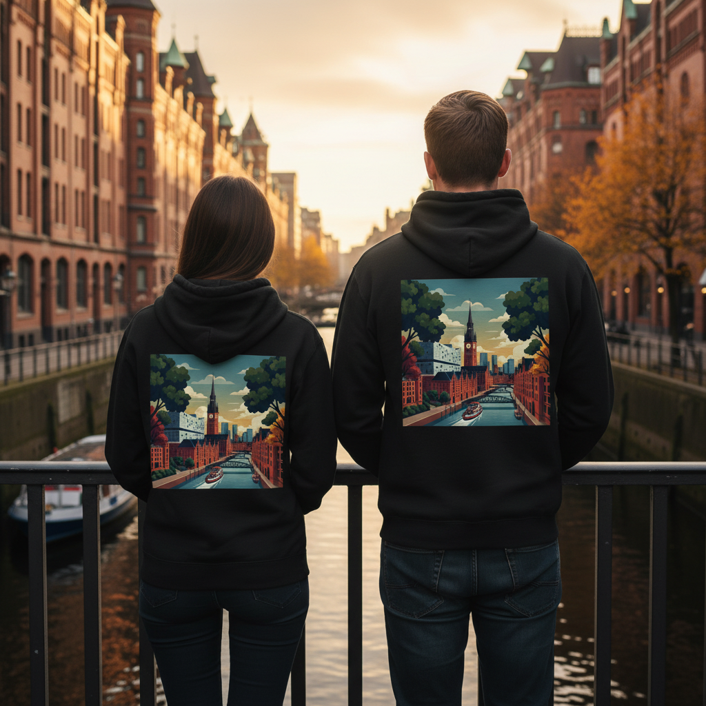 Schwarzer städte-hoodie mit buntem illustrativem backprint eines kanalstadtbilds mit ziegelgebäuden und bäumen