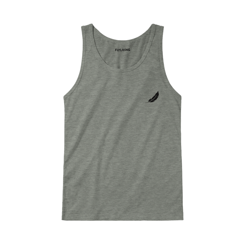 Grauer heathered retro comic unisex tanktop mit schwarzem feder logo links und fly living schriftzug am ausschnitt