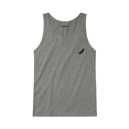 Grauer heathered retro comic unisex tanktop mit schwarzem feder logo links und fly living schriftzug am ausschnitt