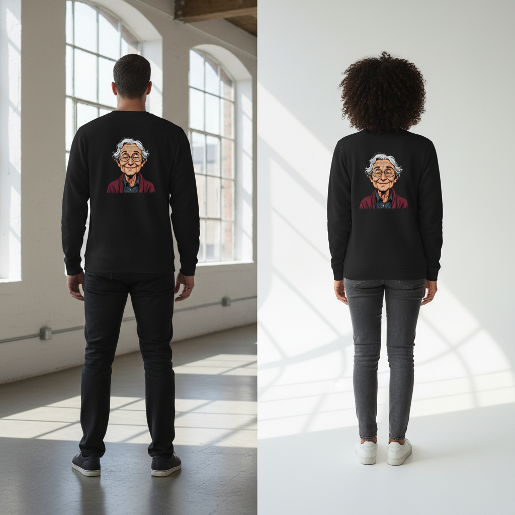Schwarzer vintage comic pullover mit farbenfroher karikatur einer älteren dame im roten mantel für alltag und style