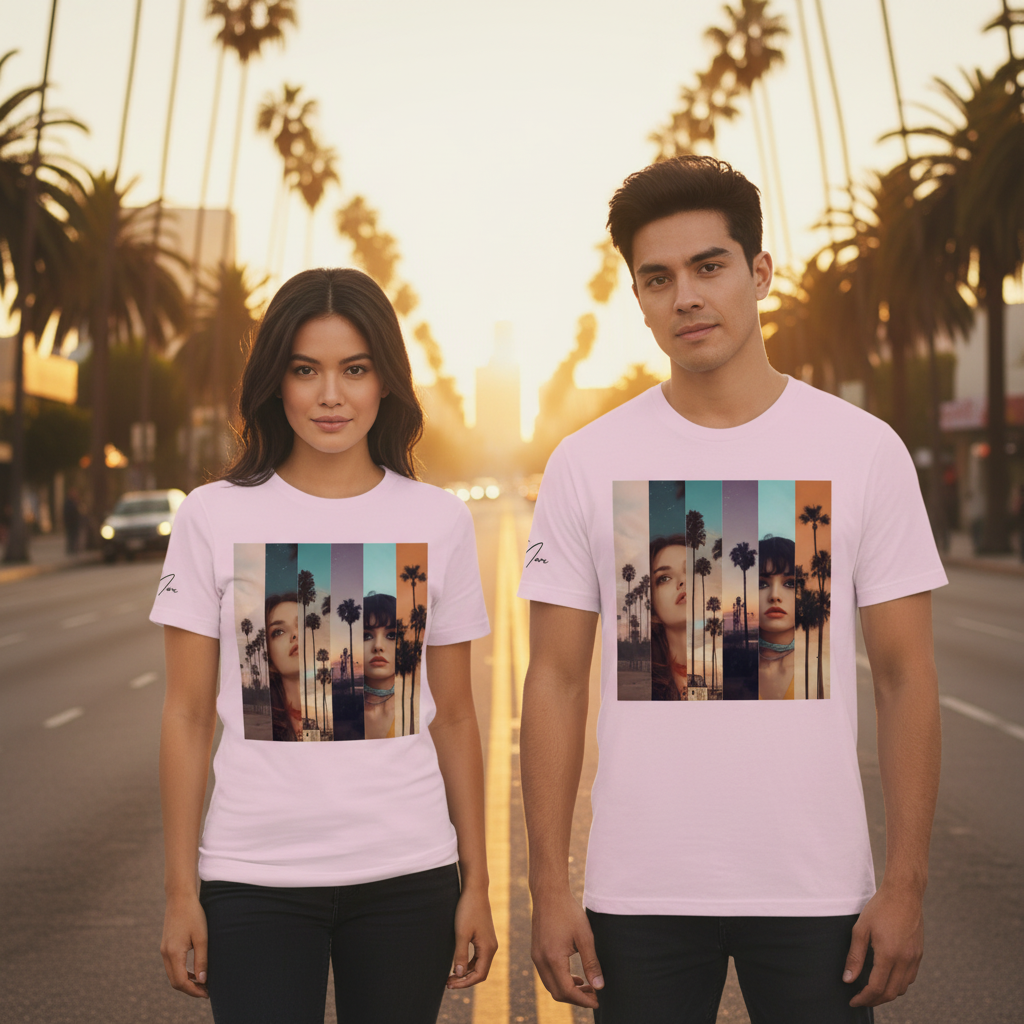 Weiße cotton la sentimental heavyweight t-shirt mit buntem, vertikal gestreiftem grafikdruck von gesichtern und palmen