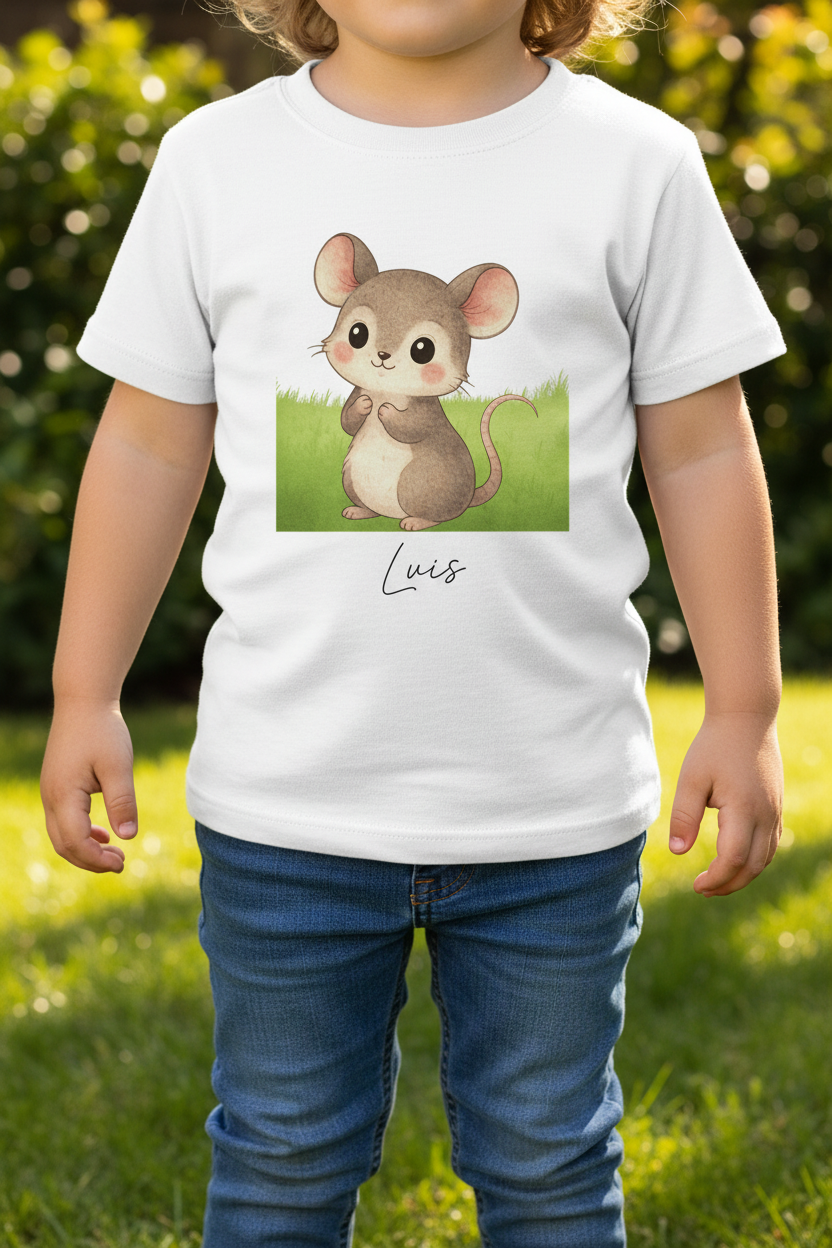 Weißes baumwoll-kinder t-shirt mit süßer cartoon-maus auf grünem gras und personalisiertem namen luis