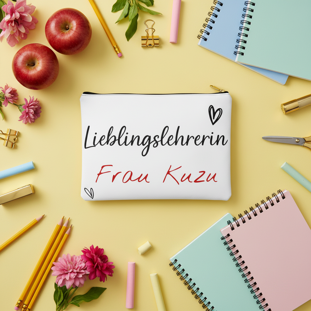 Weiße kosmetiktasche mit schwarzem und rotem handschriftlichem text lieblingslehrerin frau kuzu und herzmotiven als abschiedsgeschenk für lehrerinnen und lehrer