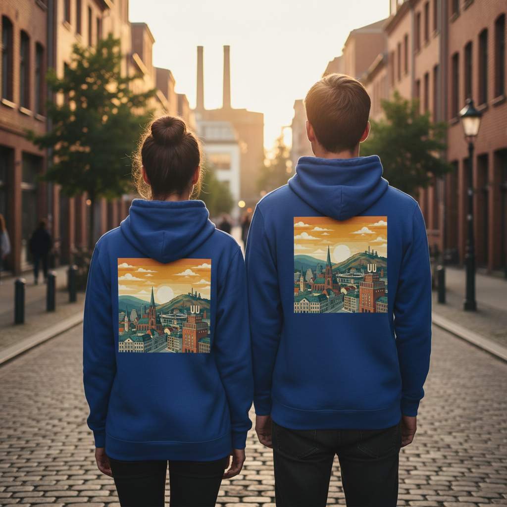 Blaue kapuzenjacke mit nachhaltigem reißverschluss und buntem städte-backprint auf der rückseite