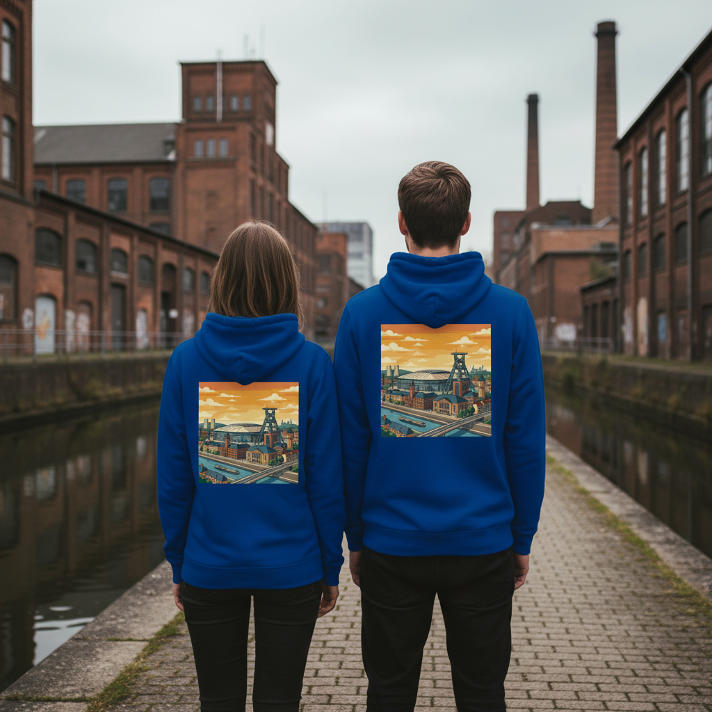 Blauer hooded sweatshirt mit nachhaltigem reißverschluss und buntem städte-industrie-print auf der rückseite