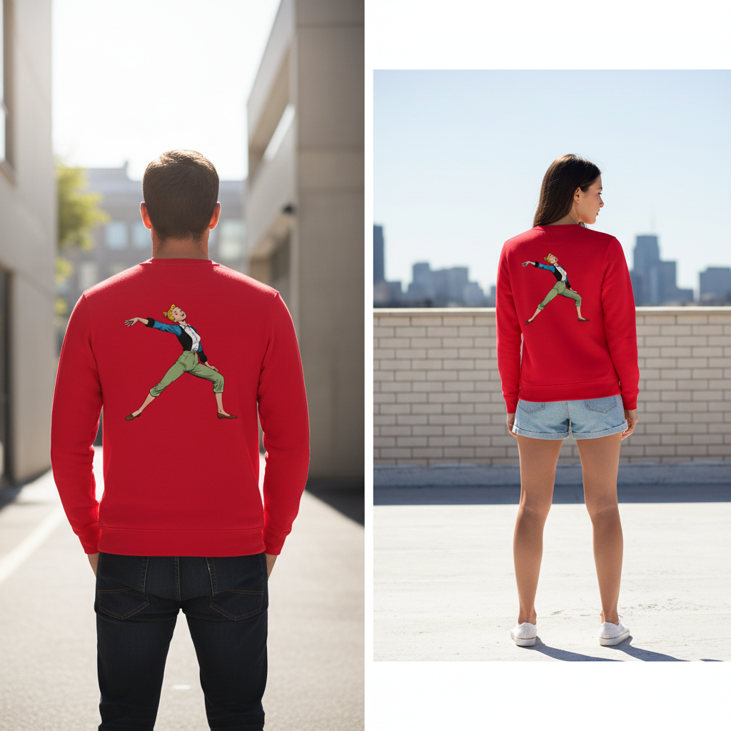 Roter vintage comic pullover mit buntem cartoon tanzgrafik auf der rückseite für alltag und style