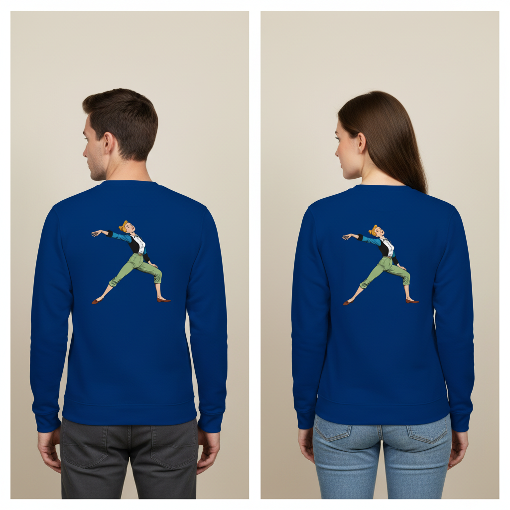 Royalblaue vintage comic pullover mit langärmeln und lebhafter tanzender cartoonillustration für alltag und style