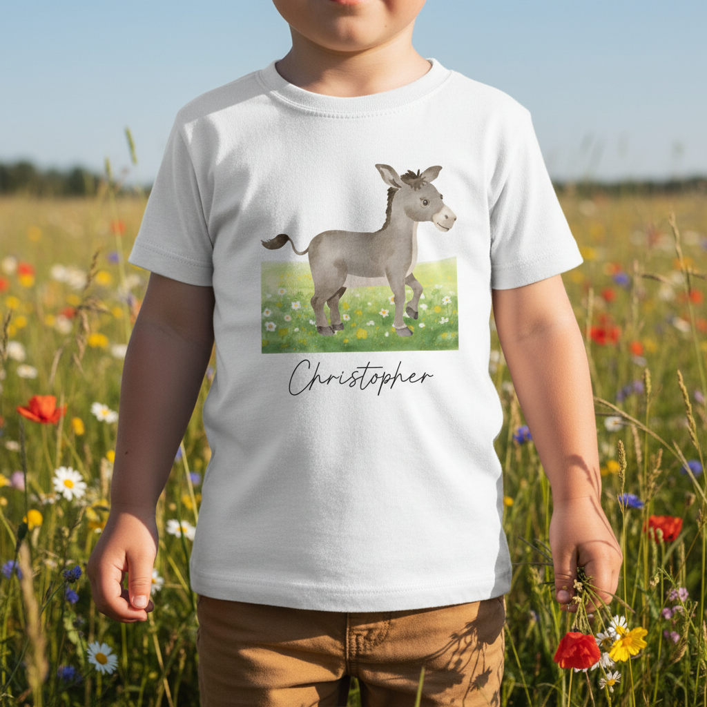 Weiße baumwoll-kinder t-shirt mit aquarell grauem esel und grünem gras personalisiert mit name christopher