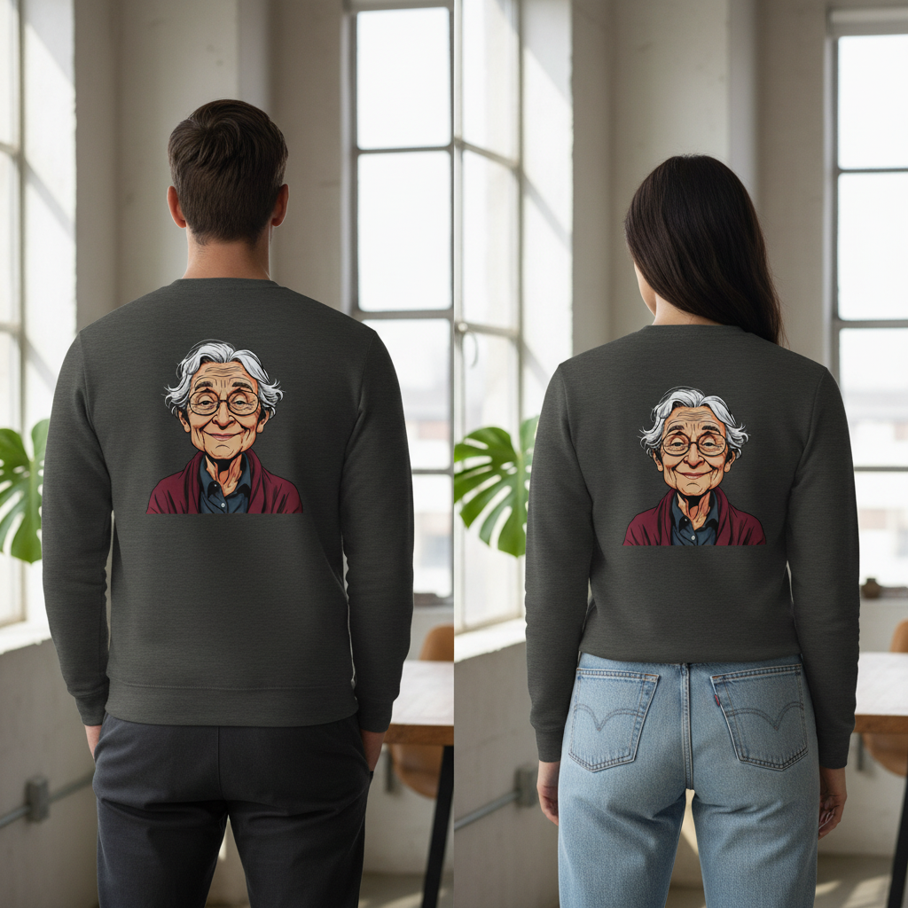Dunkelgrauer langarm vintage comic pullover mit bunter cartoonillustration einer älteren frau für alltag und style