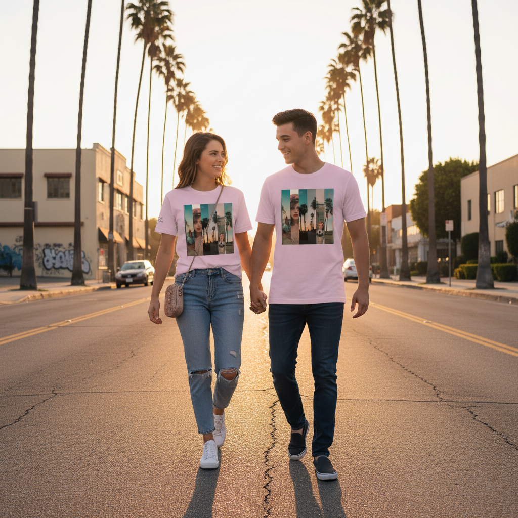 Rosa la sentimental heavyweight t-shirt mit rechteckigem palmbaum- und menschenmotiv auf teal hintergrund