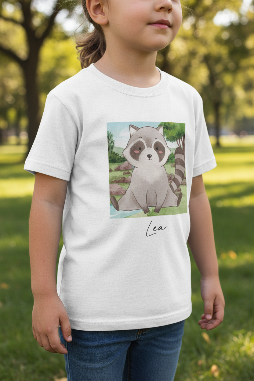 Weißes baumwoll-kinder-t-shirt mit cartoon-waschbär auf grünem gras unter bäumen personalisiert mit namen
