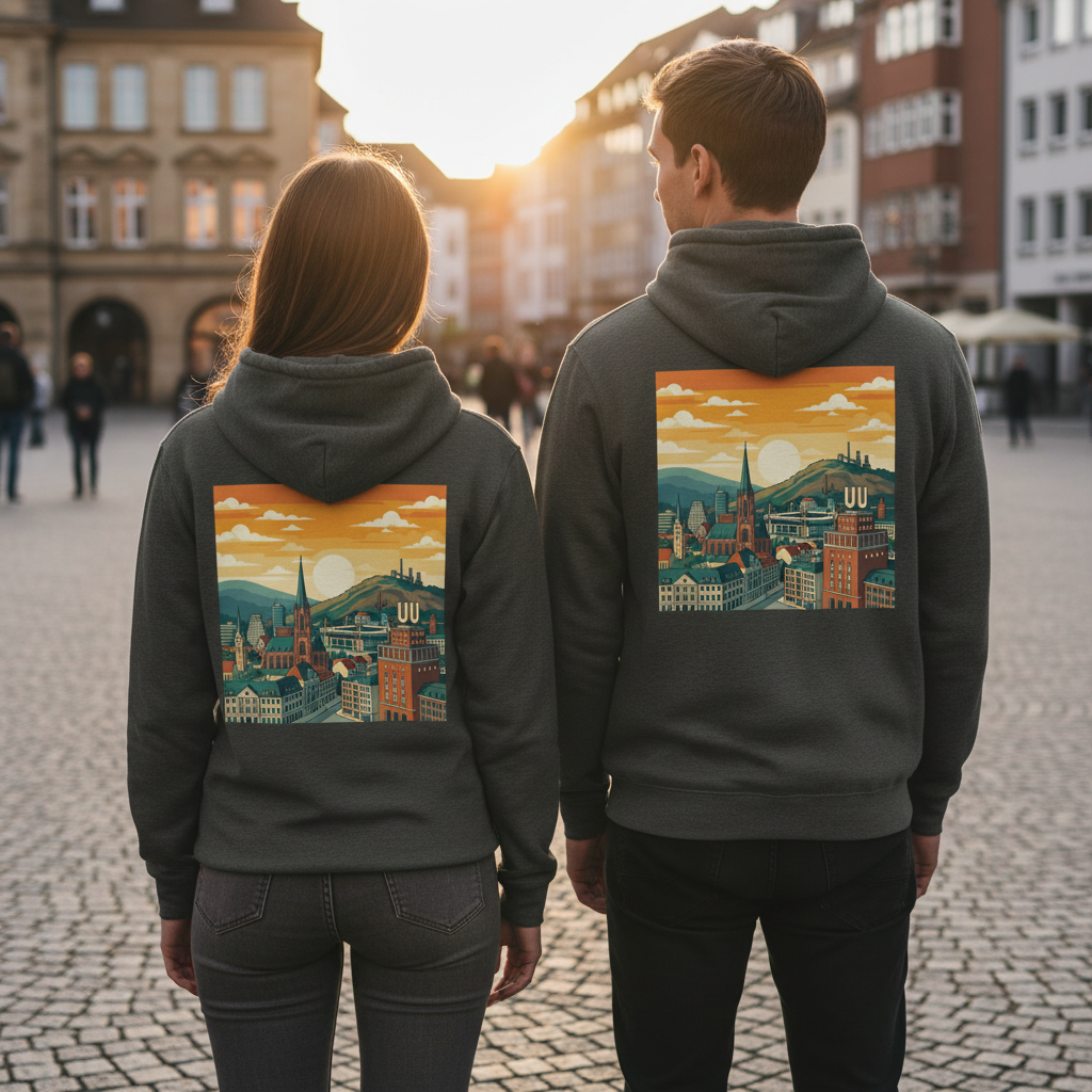 Dunkelgrauer hooded sweatshirt mit farbenfrohem städte-design in orange und teal auf der rückseite nachhaltig