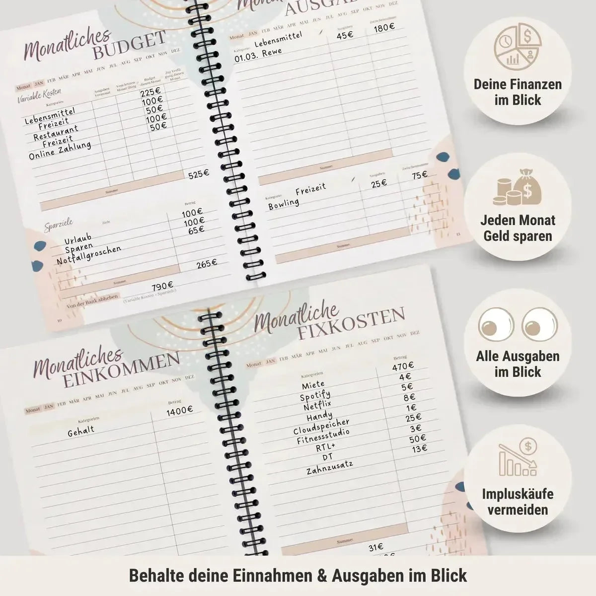 Der BeginnerBudget Budgetplaner (Jahresunabhängig), DIN A5, enthält deutsche Abschnitte für Ausgaben, Einnahmen, Fixkosten, Sinking Funds, Einzelbeträge und enthält motivierende Symbole sowie Tipps für den Umgang mit Geld und zum Sparen. Der Text ist in deutscher Sprache.