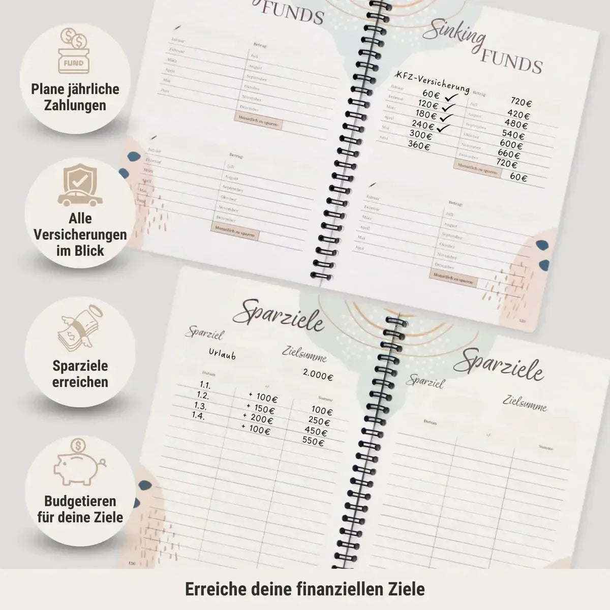 Zwei geöffnete BeginnerBudget Budget Planer (Jahresunabhängig) im DIN A5-Format zeigen Tabellen zu Zielen, Zahlungen, Sinking Funds und Versicherungen sowie Tipps und Symbole. Unten steht: Erreiche deine finanziellen Ziele.