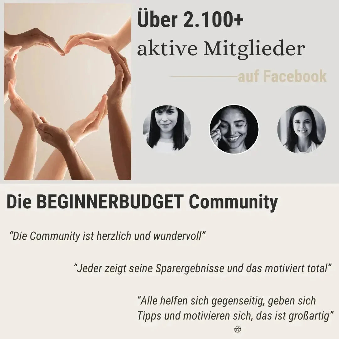 Ein Herz aus Händen, daneben Fotos von drei Frauen, darüber der Text: Über 2.100+ aktive Facebook-Mitglieder. Unten Zitate zur freundlichen AnfängerBudget Community rund um den Jahresunabhängigen DIN A5 Budget Planer und Sinking Funds.