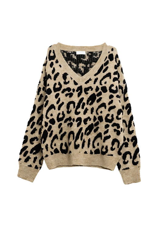 V-Neck Sweater mit Leoparden Print