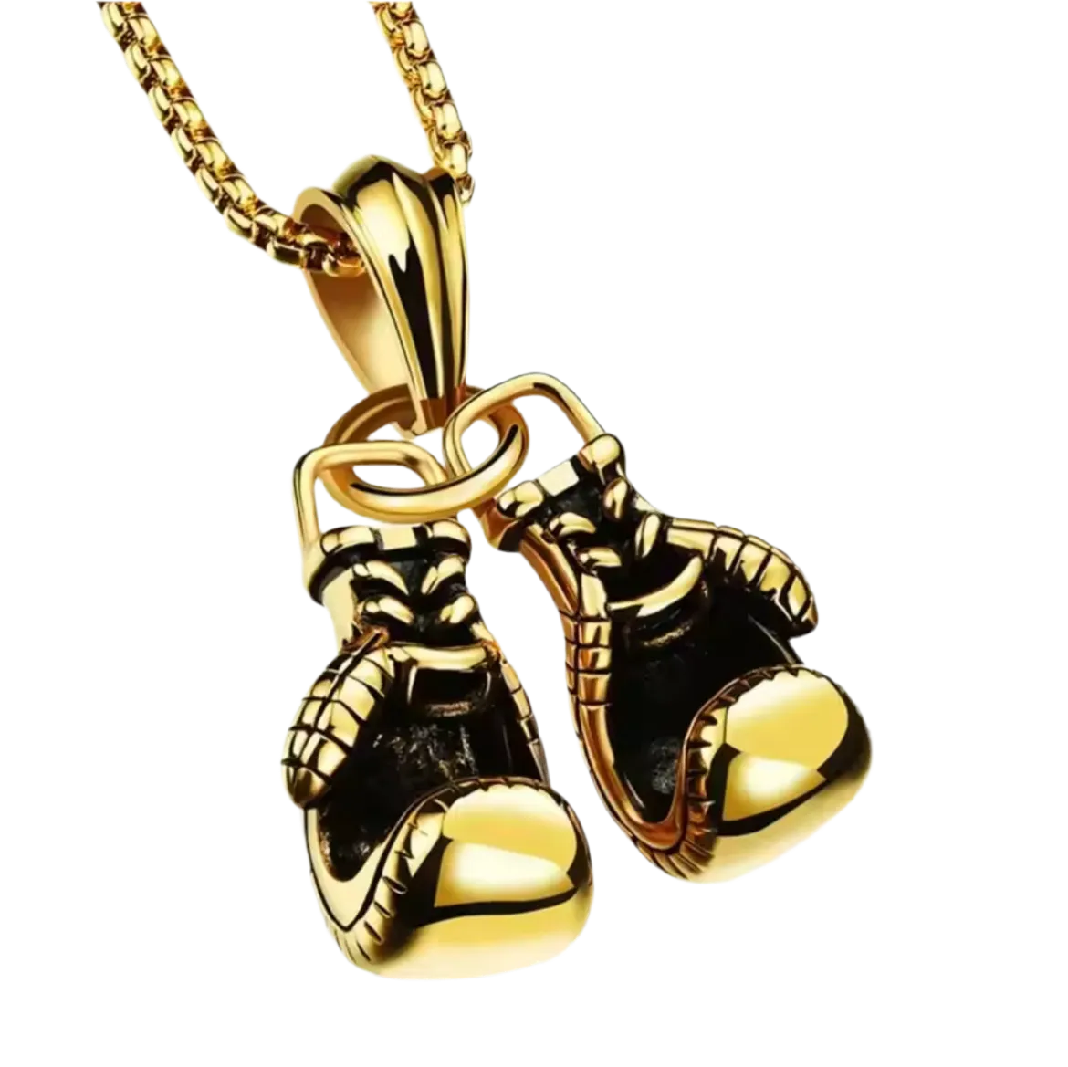 Die Halskette „Angela“ von flyliving ist eine Unisex-Edelstahlkette mit Boxhandschuh-Anhänger, verziert mit schwarzen Akzenten und feinen Details – ein stilvolles Highlight für jede Schmuck-Kollektion.