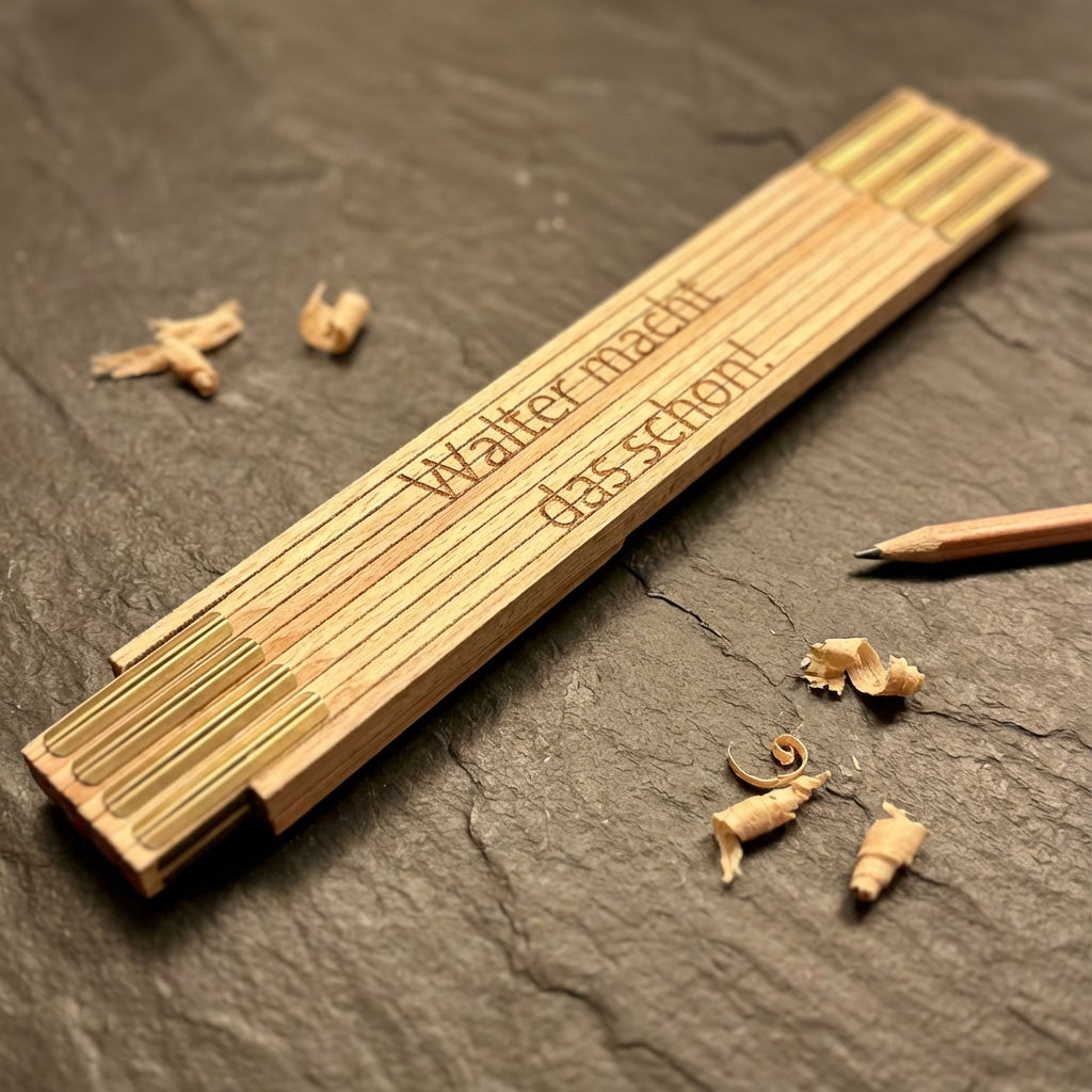 Personalized wooden folding rule with brass fittings by flyliving, engraved 'Walter macht das schon!', angled with a pencil and wood shavings on a dark textured surface.