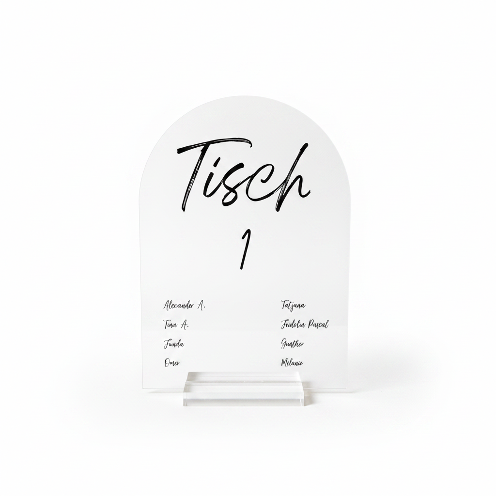Acryl-Tischschild „Tisch“ mit Nummer | Rundbogen-Design, mit Pflanzenmotiv oder Gästenamen