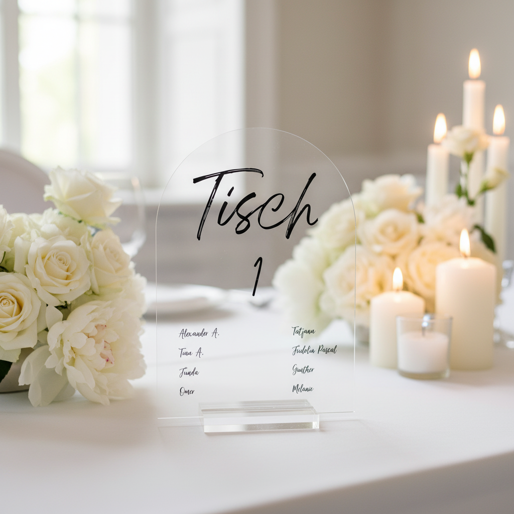 Acryl-Tischschild „Tisch“ mit Nummer | Rundbogen-Design, mit Pflanzenmotiv oder Gästenamen