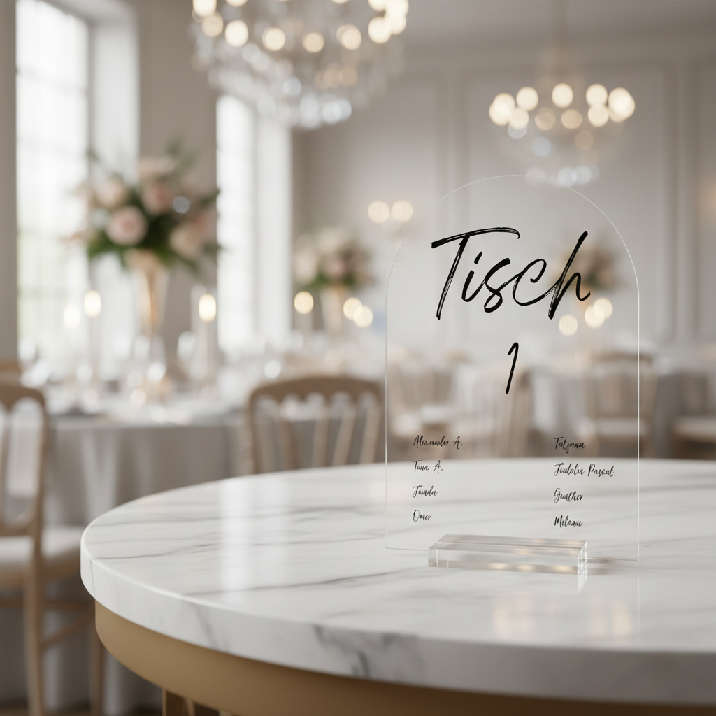 Acryl-Tischschild „Tisch“ mit Nummer | Rundbogen-Design, mit Pflanzenmotiv oder Gästenamen