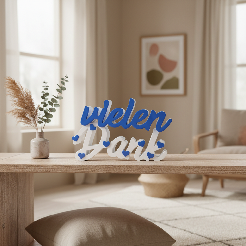 Schriftzug „Vielen Dank“ aus PLA | Deko-Aufsteller, mit oder ohne Reagenzglas