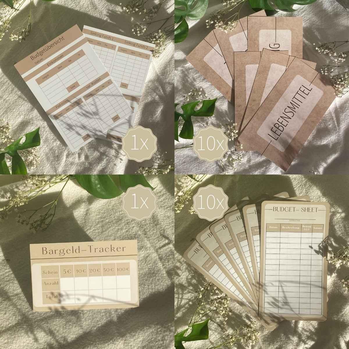 Ein Set von BeginnerBudget's Grundausstattung Budget Planung von Budget Binder - Budgetblätter, Geldumschläge für die Umschlagmethode und ein Bargeldtracker - präsentiert auf hellem Stoff mit Grünzeug und weißen Blumen.