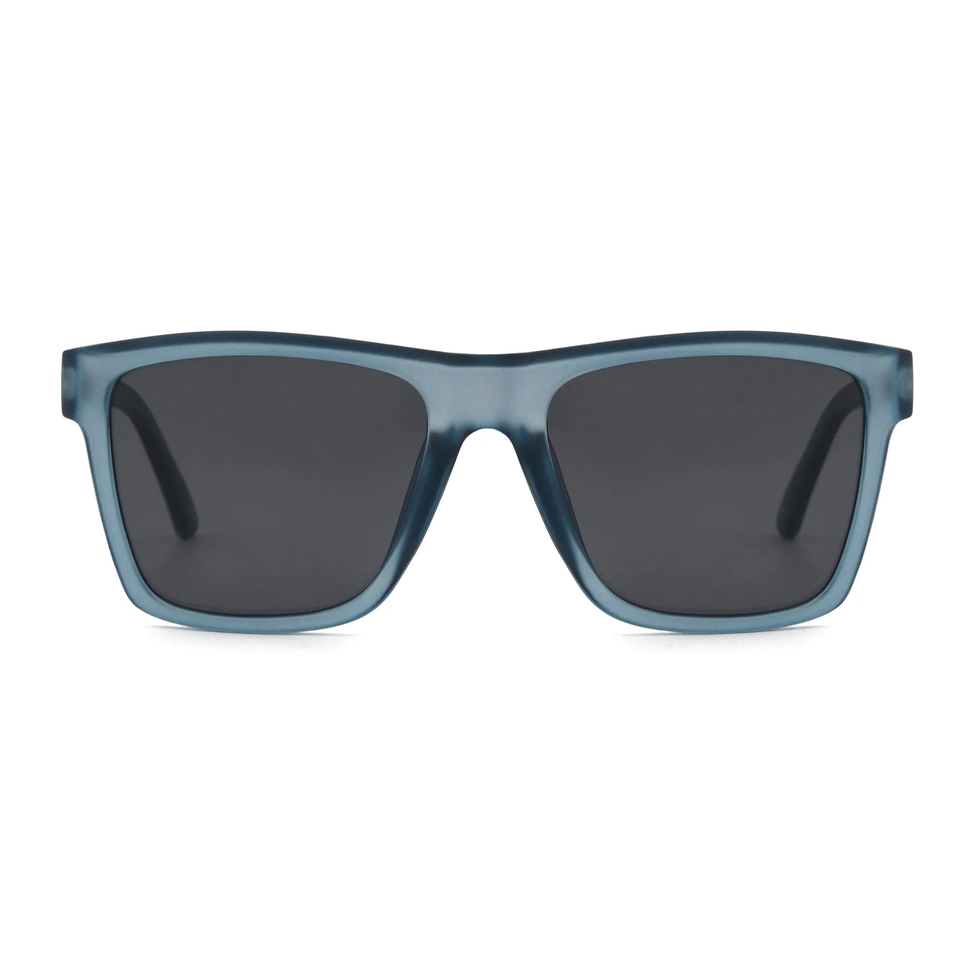 Vorderansicht der Sonnenbrille Breezy Blue Hanukeii von INDICOM BRANDS SL in Blau, mit dickem Rahmen und UV400-geschützten Polycarbonat-Gläsern, auf weißem Hintergrund.