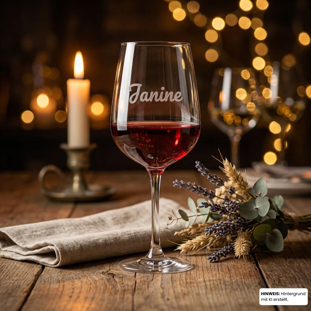 Personalisiertes Weinglas mit Namensgravur, gefüllt mit Rotwein, auf rustikalem Holztisch bei Kerzenlicht (Hintergrund mit KI erstellt)