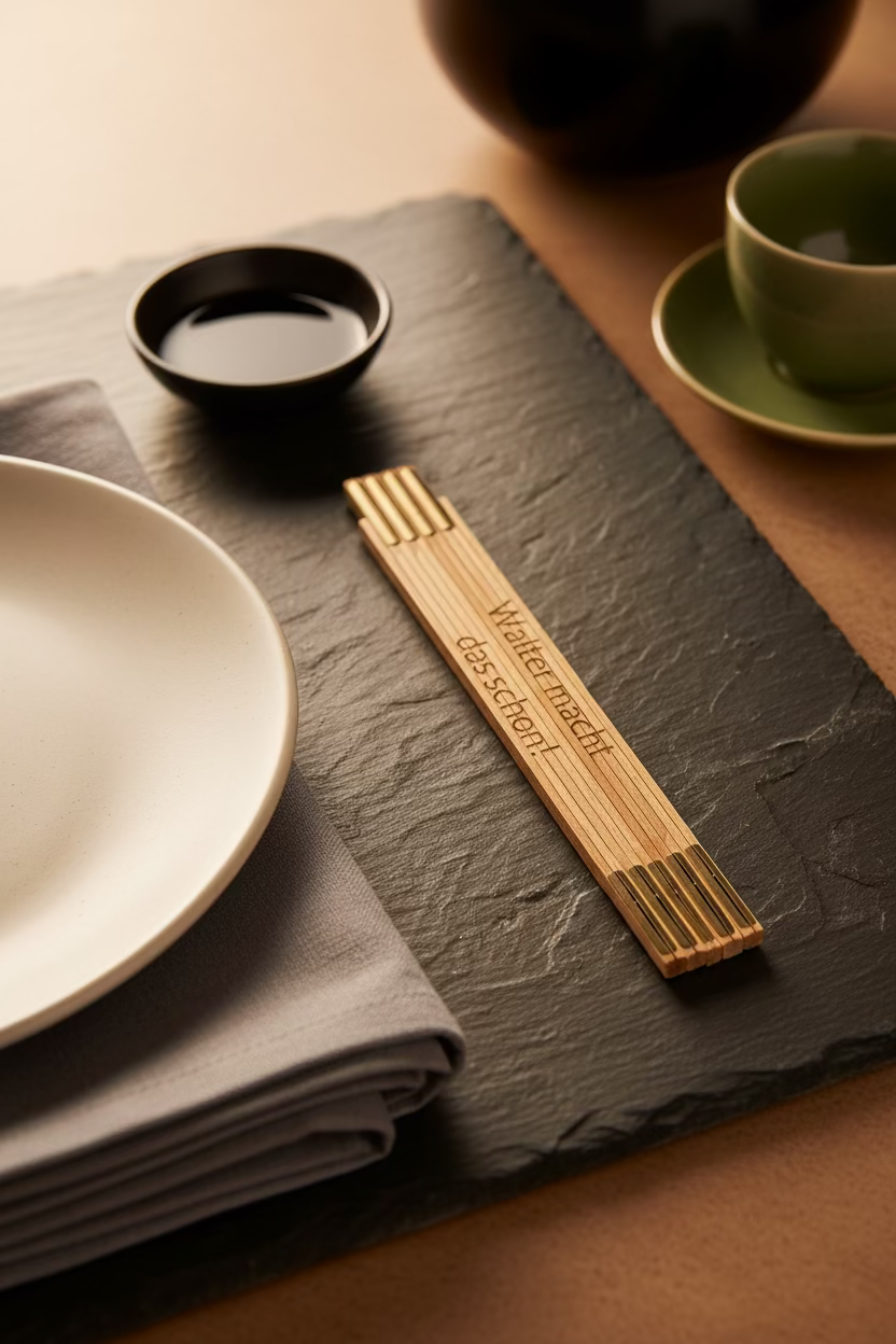 Wooden folding rule by flyliving, engraved with "Walter macht das schon!", arranged on a black slate charger.
