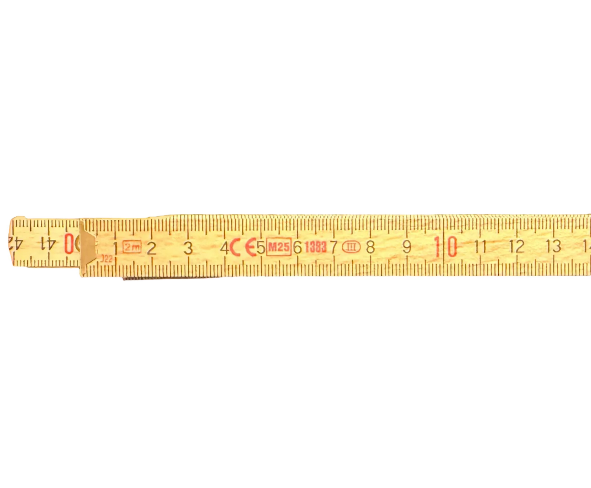 Extended wooden folding rule by flyliving, displaying numbers 0-14 and 40-42 in black and red, with visible markings like "12m" and "M25".
