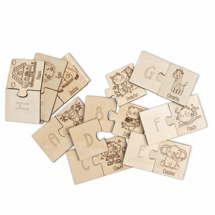 Animal-themed wooden learning puzzle by flyliving, with laser-engraved capital letters and corresponding illustrations with German words.