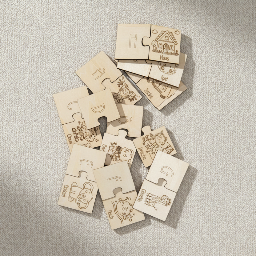 Light wooden learning puzzle by flyliving with engraved German alphabet letters and matching animals, scattered on a textured rug.