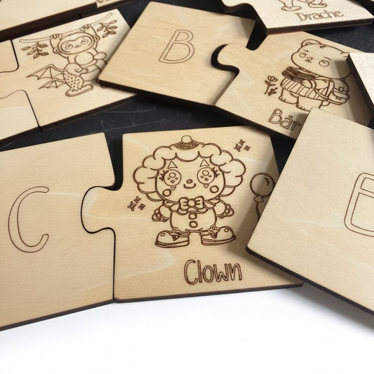 Wooden animal learning puzzle by flyliving, featuring engraved letters B and C, and illustrations of a mer-monkey, a bear, and a clown.