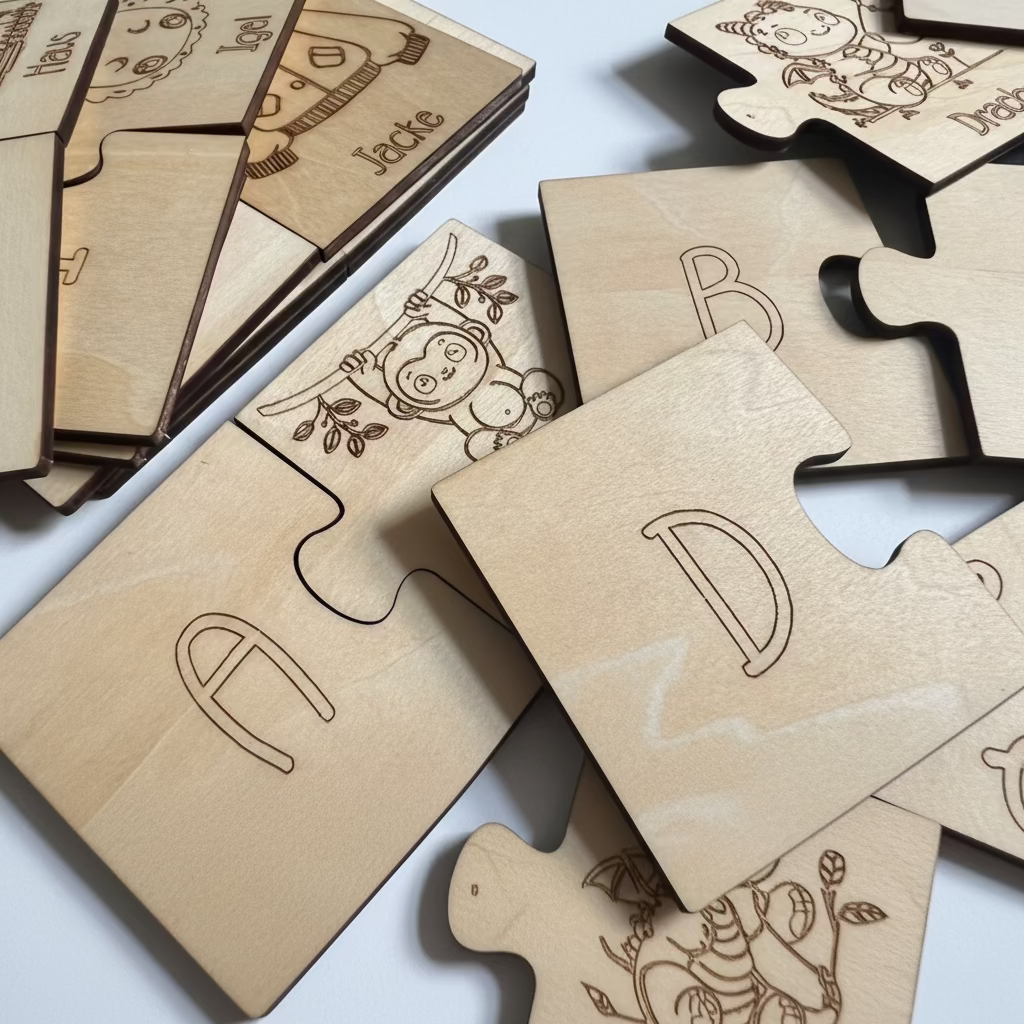 Wooden learning puzzle by flyliving, with scattered light brown engraved pieces showing animals and letters A, B, D.