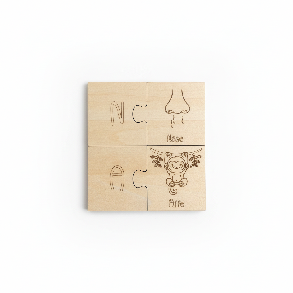 Wooden learning puzzle by flyliving, featuring four pieces engraved with letters N, A, a nose with 'Nase', and a monkey with 'Affe'.