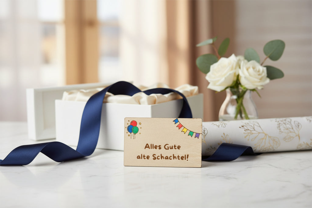 Wooden gift card by flyliving inscribed with 'Alles Gute alte Schachtel!' and decorated with balloons and colorful bunting.