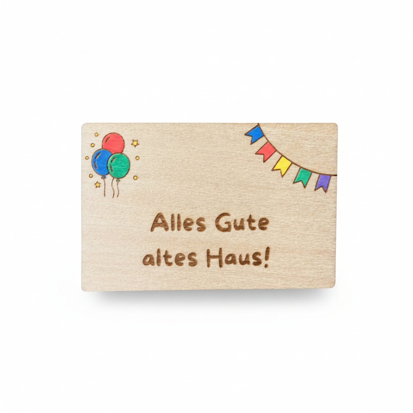 Wooden gift card by flyliving with engraved German text, colorful balloons, stars, and pennant flags.