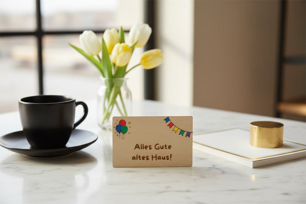 Light brown wooden gift card by flyliving, engraved with 'Alles Gute altes Haus!', colorful balloons, and a banner, on a marble table.
