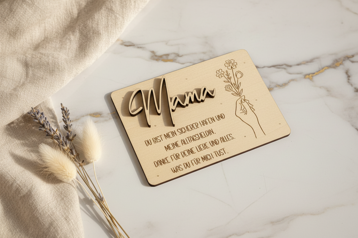 Leichte holz-geschenkkarte mit eingraviertem mama in kursiver schrift und zartem floralen design, handgefertigt und personalisierbar
