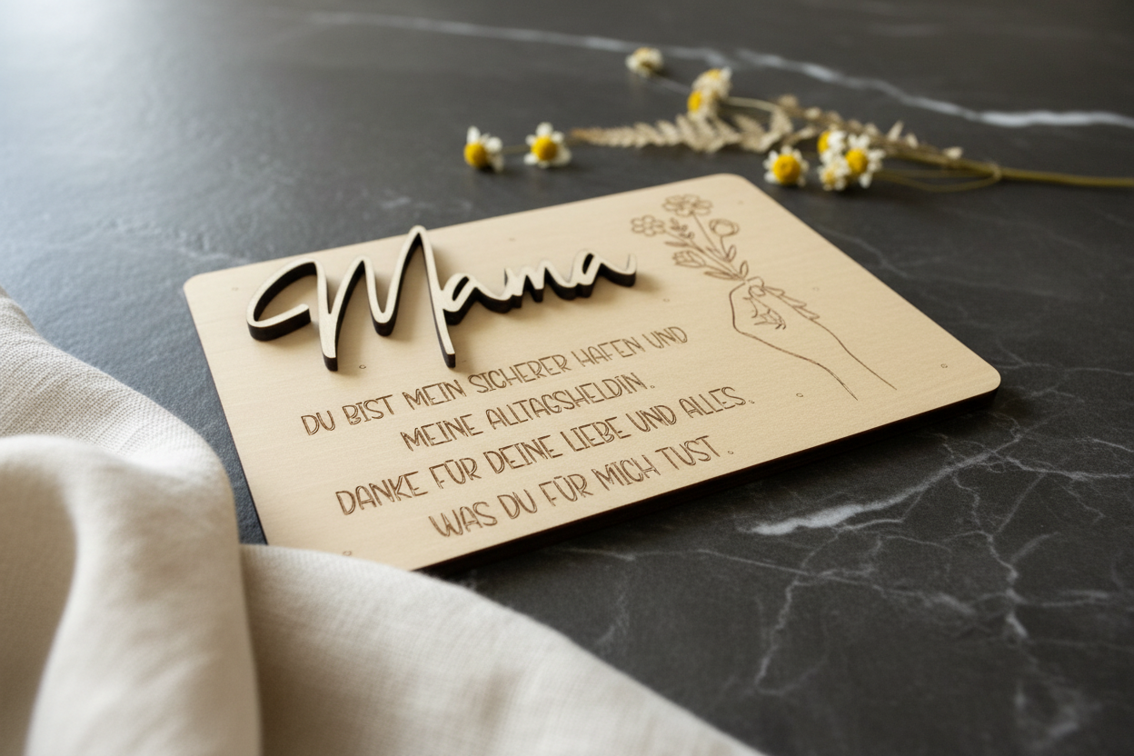 Eine hellbeige holz-geschenkkarte mama oma mit erhabenen kursivbuchstaben und lasergravur hand mit blumen