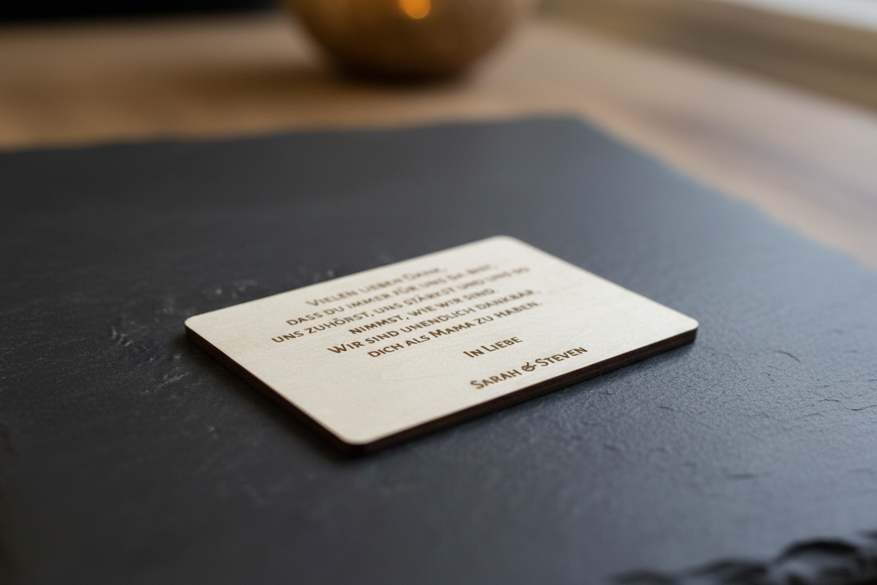 Eine weiße rechteckige holzgeschenkkarte mama & oma mit schwarzer gravur handgefertigt und personalisierbar