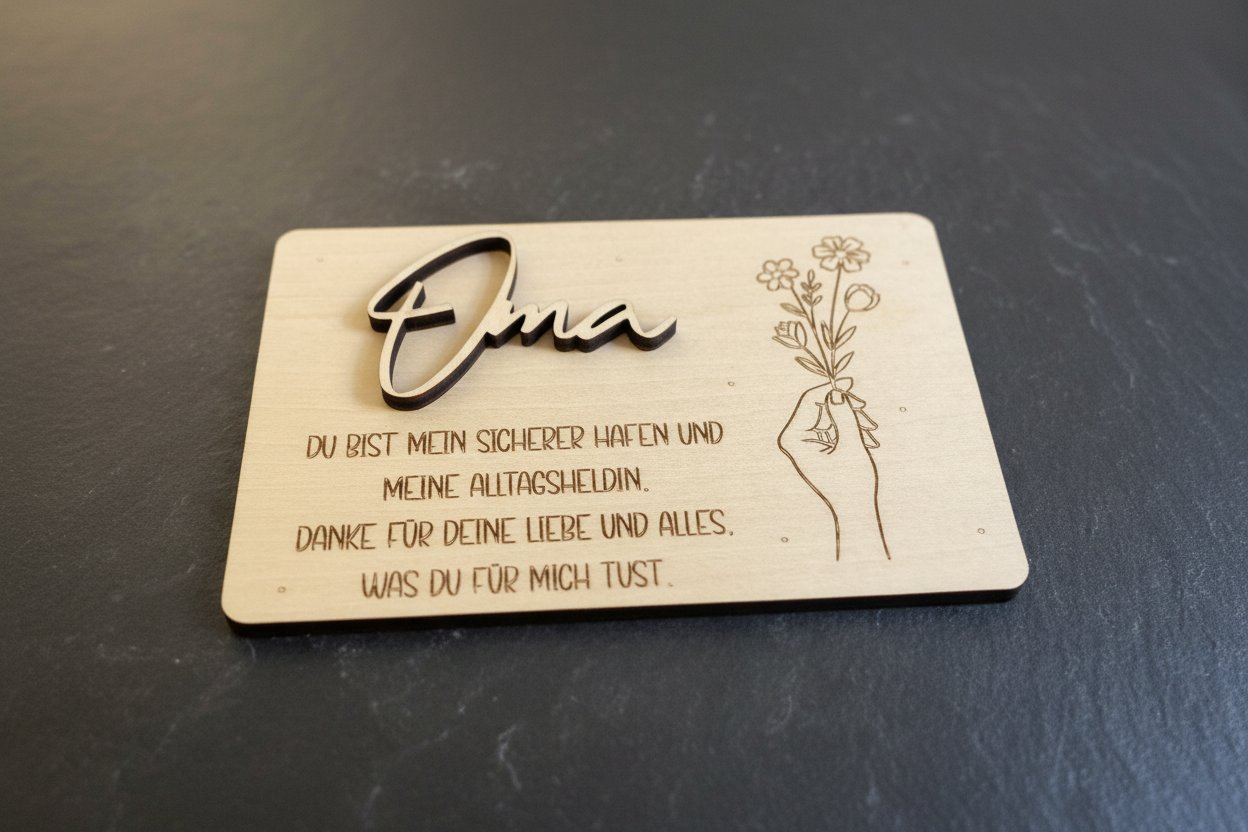 Leichtes holz-geschenkschild mit namensschrift oma und gravierter hand mit blumen motiv, handgefertigt und personalisierbar
