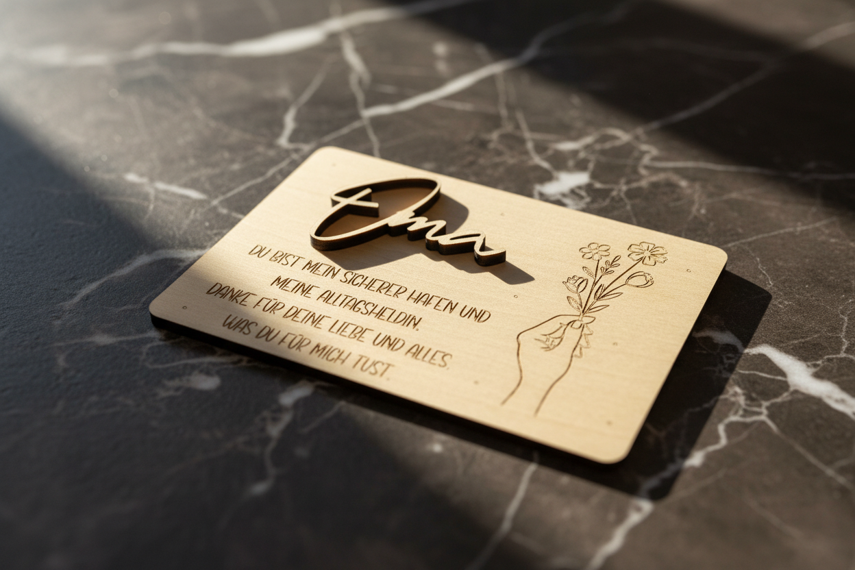 Ein helles holz-lasergraviertes holz-geschenkkarte mama und oma mit kursivem namen und floraler verzierung