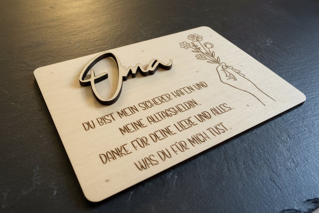Lightfarbene holz-geschenkkarte oma mit handgravur und blumenillustration personalisierbar und handgefertigt