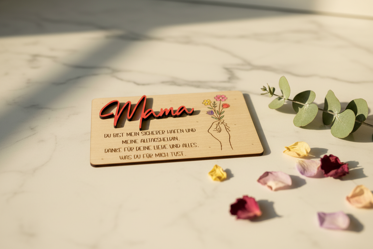 Holz-geschenkkarte mama und oma aus hellholz mit rosafarbenem schriftzug und blumenmotiv, handgefertigt und personalisierbar