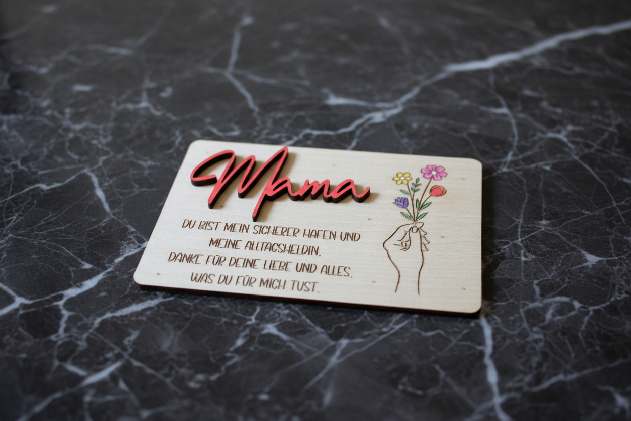 Holz-geschenkkarte mama und oma aus hellem holz mit erhabenen rosa buchstaben und blumenillustration, handgefertigt